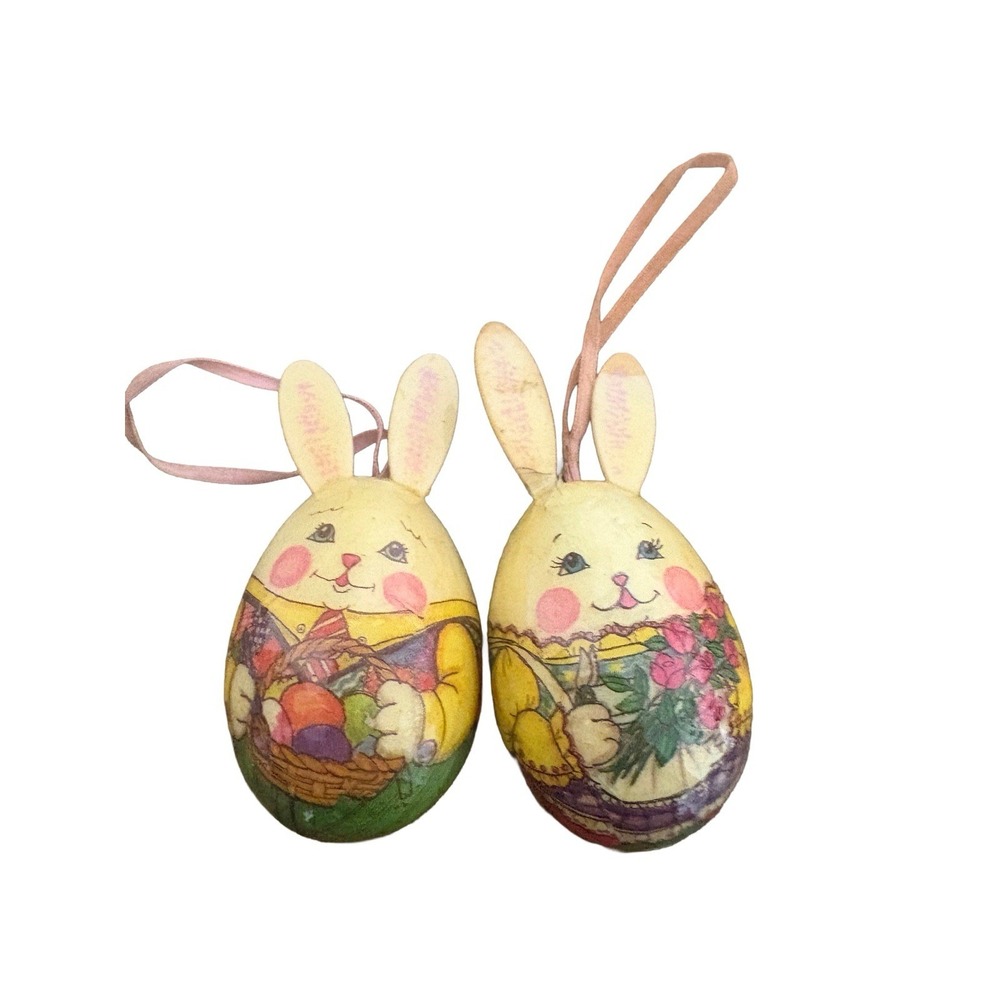 Vintage Wood Mr‎ & Mrs Bunny Rabbit Decoupage Easter Egg Ornaments Giftco Set 2